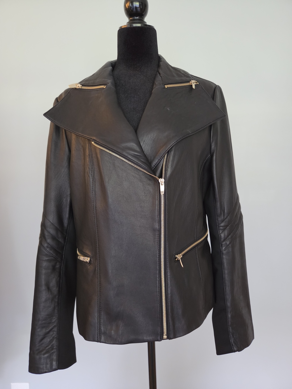Via Spiga Black Leather Asymmetrical Zip Moto Jacket